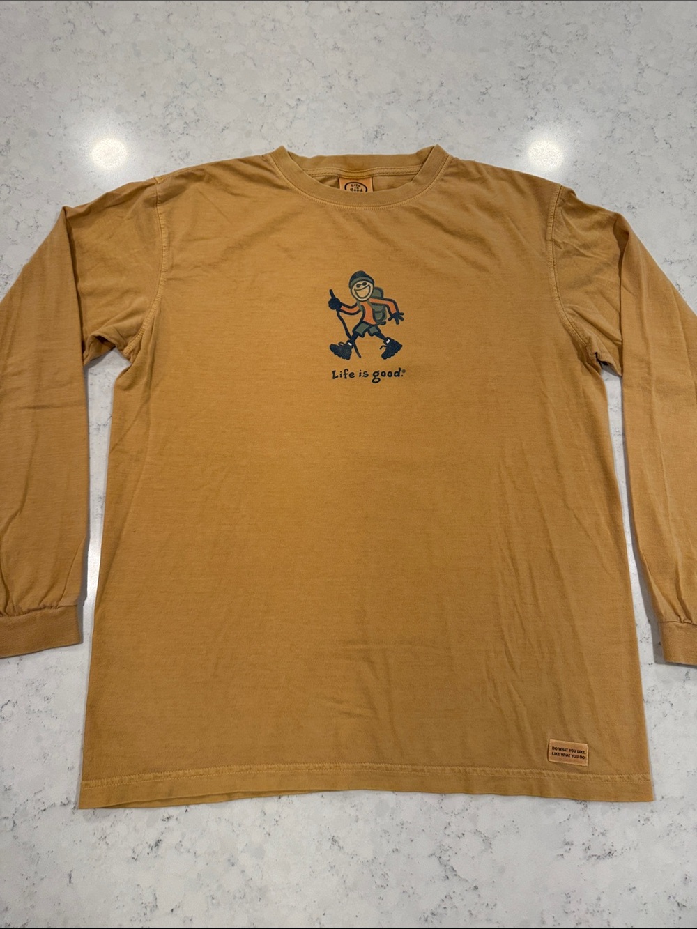 Life Is Good Men's Med Long Sleeve Graphic Tee Mustard Gold 100% Cotton Hiking